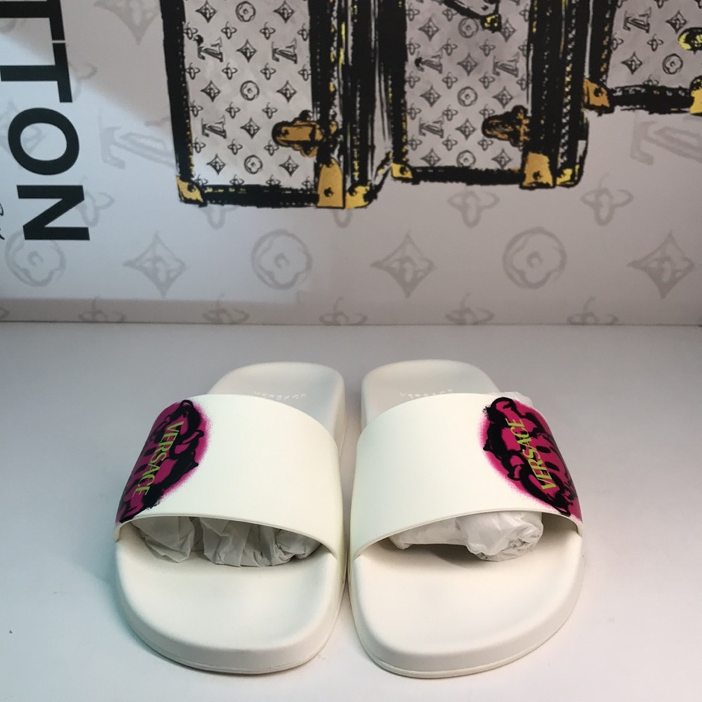 New Authentic VERSACE SMILEY MEDUSA SLIDES SANDALS WHITE/FUXIA - Picture 6 of 11